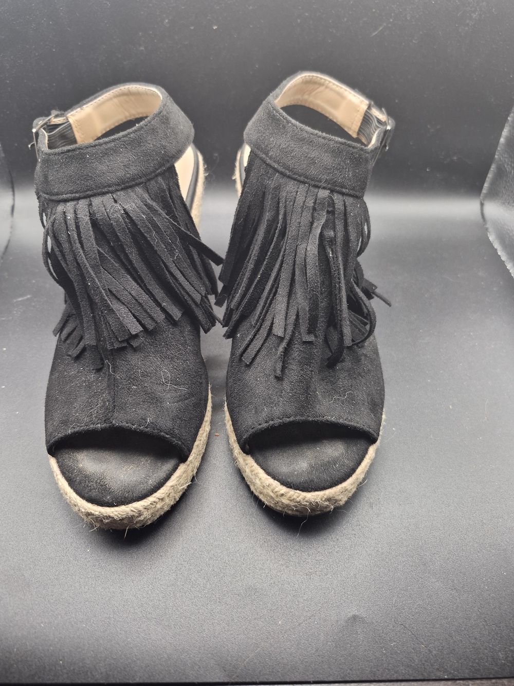 CCOCCI Black Fringe Jute Espadrille Wedge Sandals